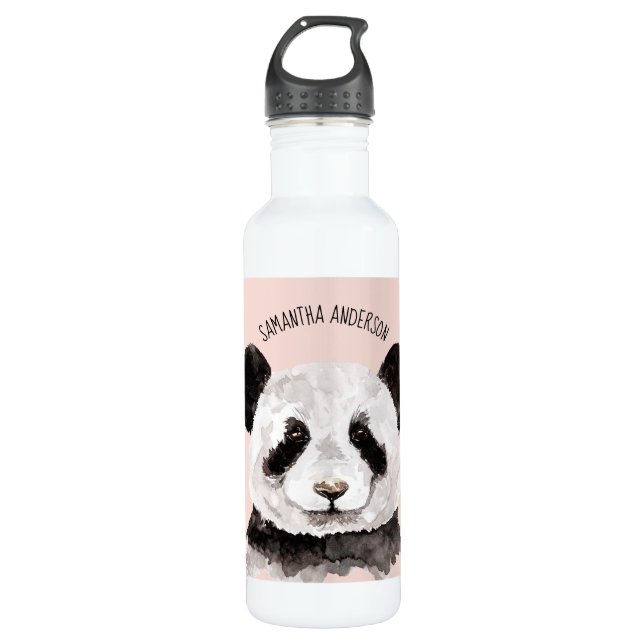 Botella De Agua Panda Acuático Moderno Con Nombre Y Rosa Pastel (Anverso)