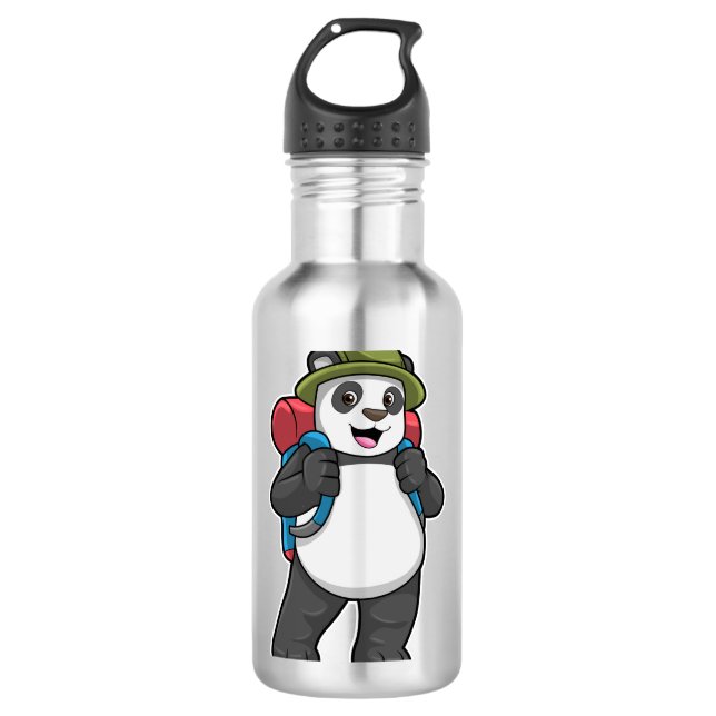 Botella De Agua Panda como excursionista con mochila (Anverso)