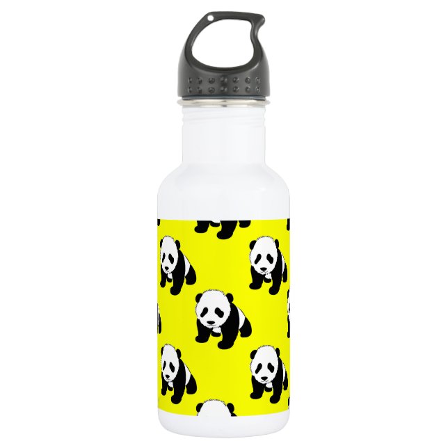 Botella De Agua Panda Cute; amarillo neón, negro y blanco (Anverso)