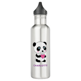 Botella De Agua Panda lindo con un corazón rosado + nombre
