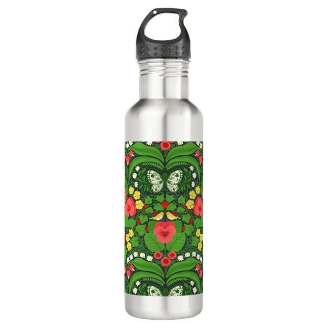 Botella De Agua Pansias rojas, pájaros y mariposas (Anverso)