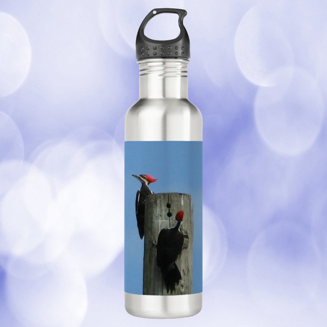 Botella De Agua Pañuelos de madera posando en un polo (A water bottle with a photo of two woodpeckers on a pole)