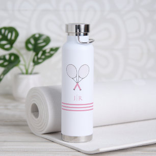 Botella De Agua Papelería de tenis rosa preppy raqueta monograma