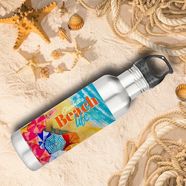 Botella De Agua Paraguas de playa en la arena (Beach Umbrellas In the Sand Stainless Steel Water Bottle personalized with your name.)