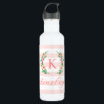 Botella De Agua Paraíso Floral y Stripes Monograma<br><div class="desc">Este divertido diseño de moda presenta un fondo de rayas blancas y rosas con una colorida corona floral. Personalice el diseño con su nombre y monograma u otro texto. Utilice las herramientas de diseño para elegir cualquier color de fondo, editar los tipos de letra y los colores del texto o...</div>