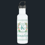 Botella De Agua Paraíso Floral y Stripes Monograma<br><div class="desc">Este divertido diseño de moda presenta un fondo a rayas blancas y menta con una corona floral de colores. Personalice el diseño con su nombre y monograma u otro texto. Utilice las herramientas de diseño para elegir cualquier color de fondo, editar los tipos de letra y los colores del texto...</div>