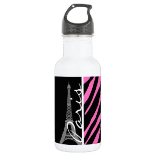 Botella De Agua París; Estampado de zebra rosado y negro