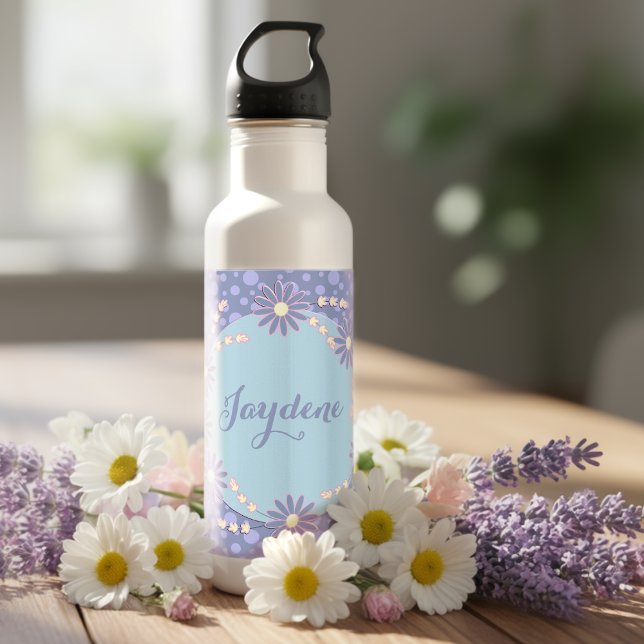 Botella De Agua Pastel Blue Yellow And Pink Custom Daisy (Pretty water bottle for spring. Daisies and dots for a fun mix. Feminine, cute and practical.)