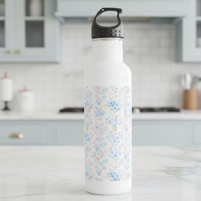 Botella De Agua Pastel Floral Water Bottle (elegant pretty preppy grandmillennial pink blue floral pattern water bottle )
