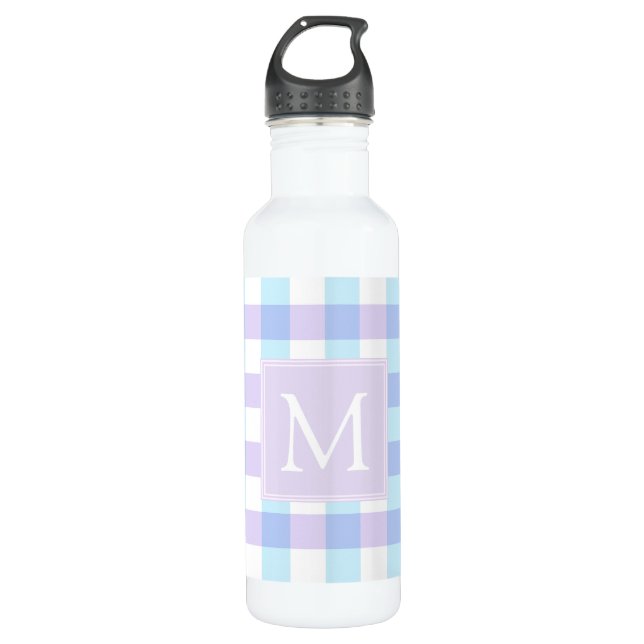 Botella De Agua Pastel Purple Gingham Monograma (Anverso)