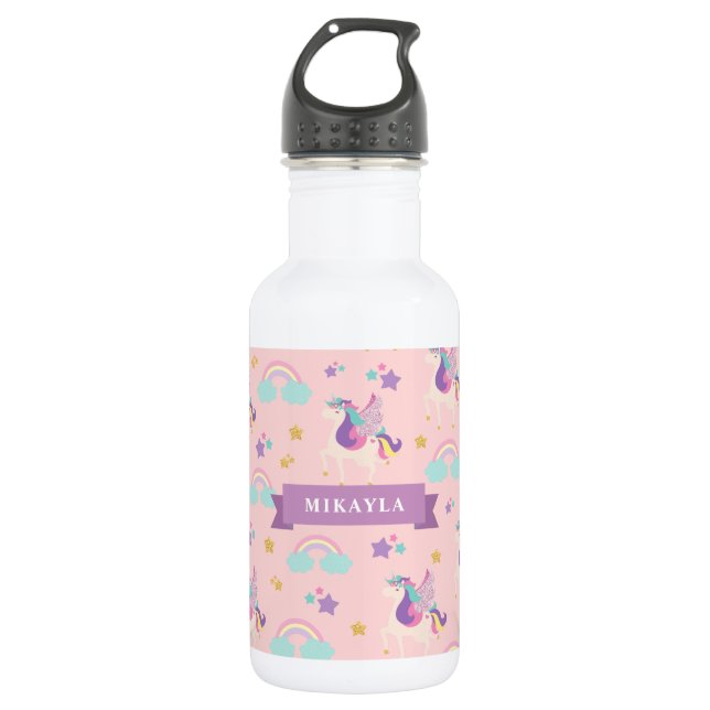 Botella De Agua Pastel rosa | Niños de Unicornio con arcoiris (Anverso)