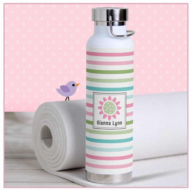 Botella De Agua Pastel Stripes Floral Monogramado (Subido por el creador)