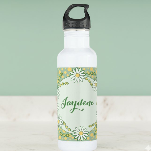 Botella De Agua Pastel Yellow Green Custom Daisy (Daisies and dots in green and yellow pastel colors hand drawn for your pleasure.)