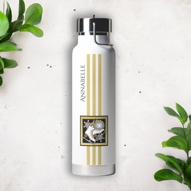 Botella De Agua Patinaje sobre hielo blanco negro Purpurina de oro (Subido por el creador)