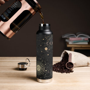 Botella De Agua Patrón Astrológico de Oro Negro