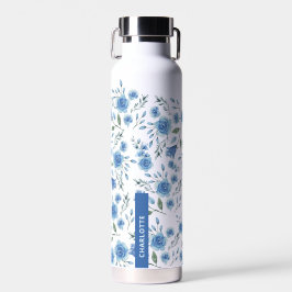 Botella De Agua Patrón azul floral de color de agua elegante