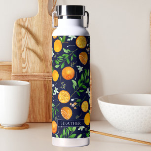 Botella De Agua Patrón botánico floral de cítrico naranja de veran