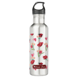 Botella De Agua Patrón cardíaco de garabato, mariposa y tulipán