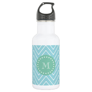 Botella De Agua Patrón Chevron azul  Monograma verde de fábrica