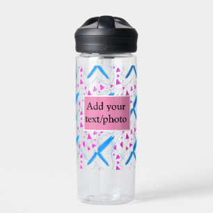 Botella De Agua Patrón de acuarela azul rosa agregar texto de nomb