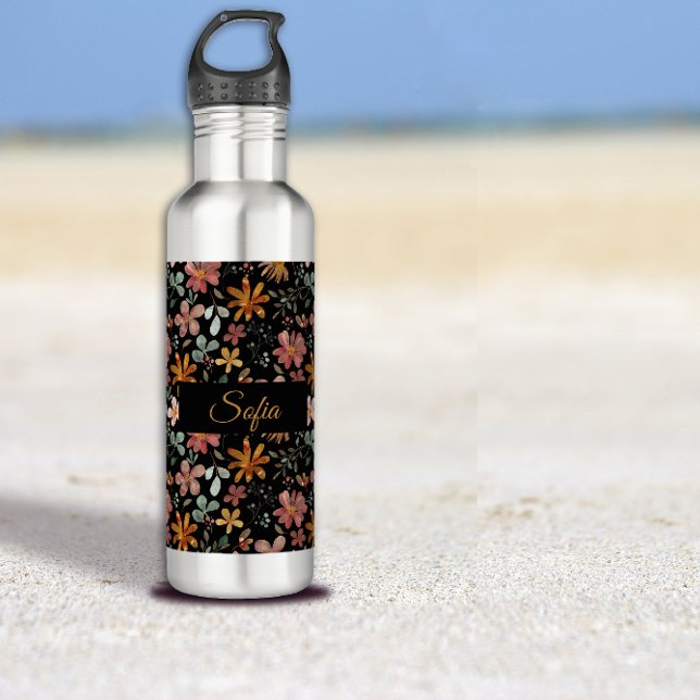 Botella De Agua Patrón de acuarela de flor rosa naranja rústico (Subido por el creador)