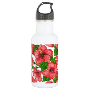 Botella De Agua Patrón de acuarela de hibiscos rojos