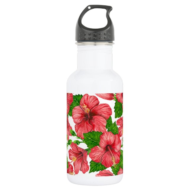 Botella De Agua Patrón de acuarela de hibiscos rojos (Anverso)