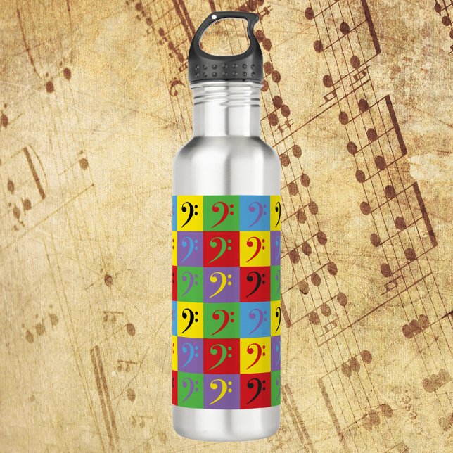 Botella De Agua Patrón de arte pop arcoiris limpio de trasero (A water bottle with a pop art pattern of bass clef symbols.)