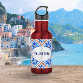 Botella De Agua Patrón de azulejo azul mediterráneo personalizado