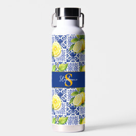 Botella De Agua Patrón de Baldosa de Limón Azul Blanco Monograma N