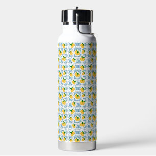 Botella De Agua Patrón de baldosas azules y limones de estilo fran