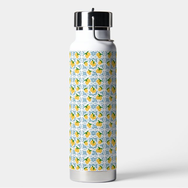 Botella De Agua Patrón de baldosas azules y limones de estilo fran (Izquierda)