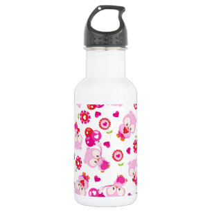 Botella De Agua Patrón de búhos, búhos lindos, búhos rosas, corazo