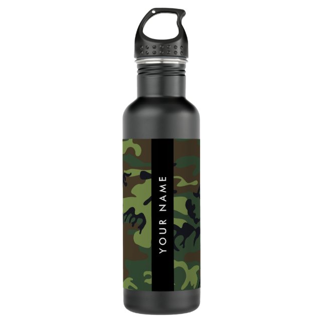 Botella De Agua Patrón de camuflaje verde, nombre, personalización (Anverso)