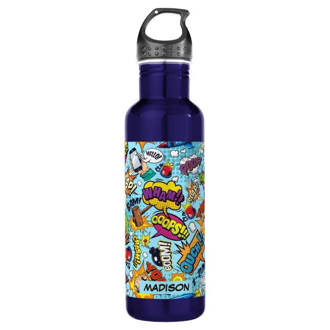 Botella De Agua Patrón de comics de nombres personalizados (Anverso)