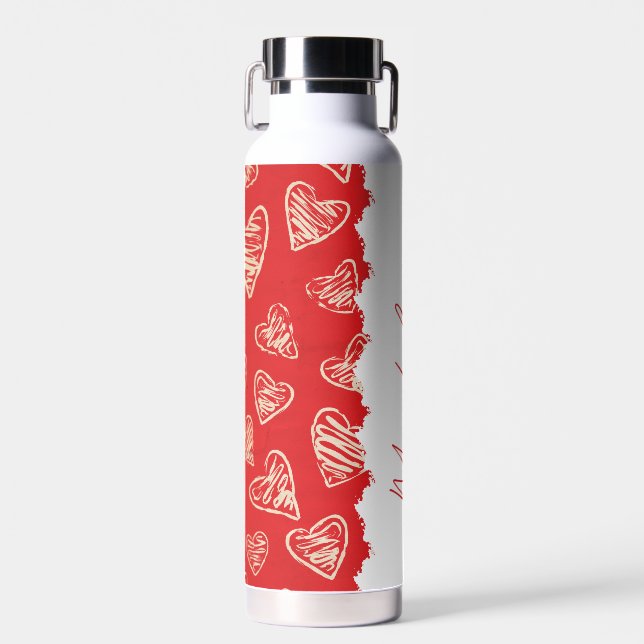 Botella De Agua Patrón de Corazón Rojo Personalizado  (Delantero)