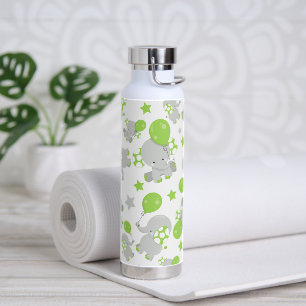 Botella De Agua Patrón de Elefantes, Elefantes Cutos - Gris Verde
