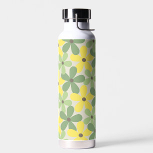 Botella De Agua Patrón de flor del año 2007 retro amarillo verde