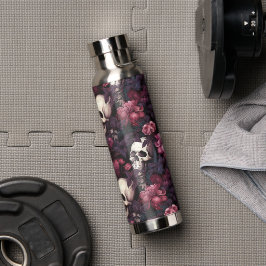 Botella De Agua Patrón de flor rosa del cráneo gótico moderno