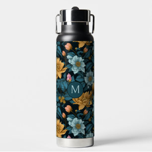 Botella De Agua Patrón de flores coloreadas monograma personalizad