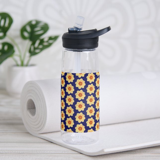 Botella De Agua Patrón de flores de Dahlia amarilla en azul (Yoga)