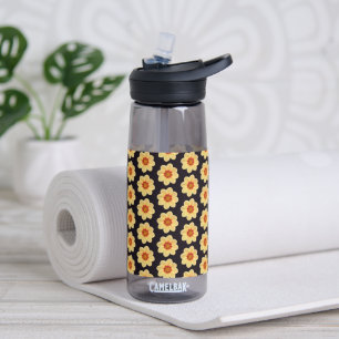 Botella De Agua Patrón de flores de Dahlia amarilla en negro