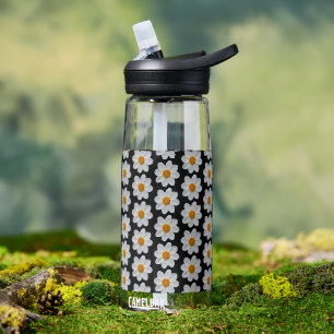 Botella De Agua Patrón de flores de Dahlia blanca en negro