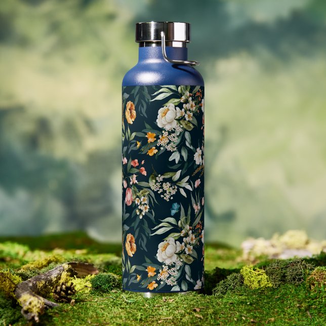 Botella De Agua Patrón de flores de jardín de estilo azul oscuro (Exterior)