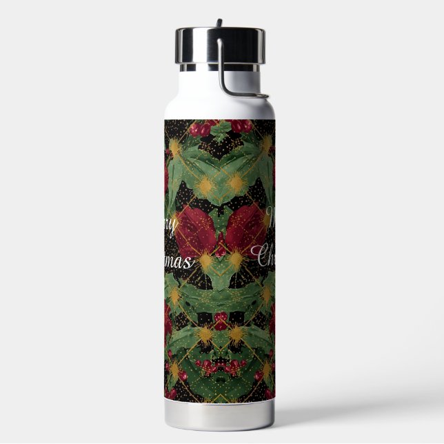 Botella De Agua Patrón de flores de Navidad, dorado rojo verde neg (Izquierda)