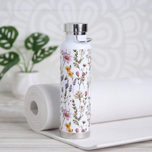 Botella De Agua Patrón de flores silvestres rosa púrpura (Yoga (girado))