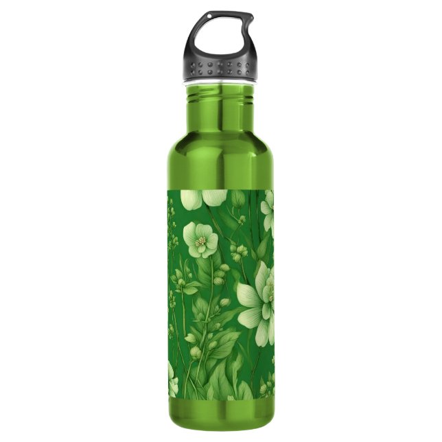 Botella De Agua Patrón de flores verdes botánicas (Anverso)