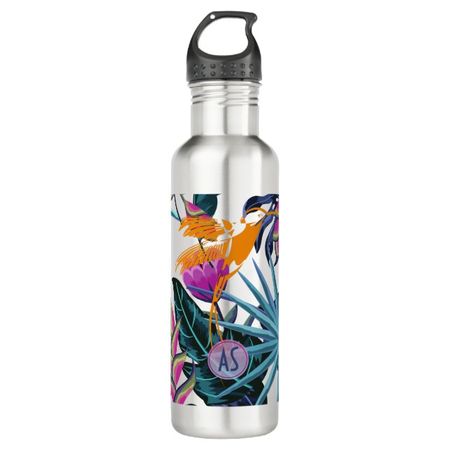 Botella De Agua Patrón de follaje tropical audaz con colibrí (Anverso)