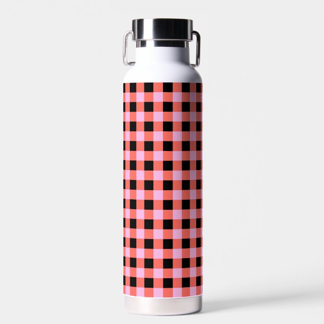Botella De Agua Patrón de Gingham negro rosado (Delantero)