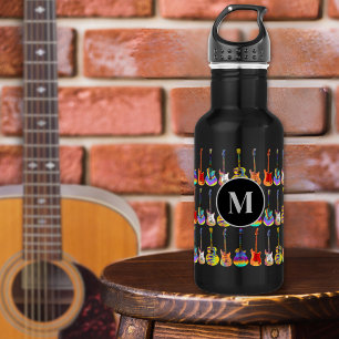 Botella De Agua Patrón de Guitarra Psicodélico Funky Monograma